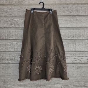 Vintage Brown Embroidered Midi Skirt